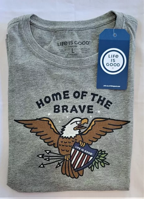 Life Is Good SS Shirt Crusher Tee Home of The BRAVE EAGLE Flag Chest43 Womens L