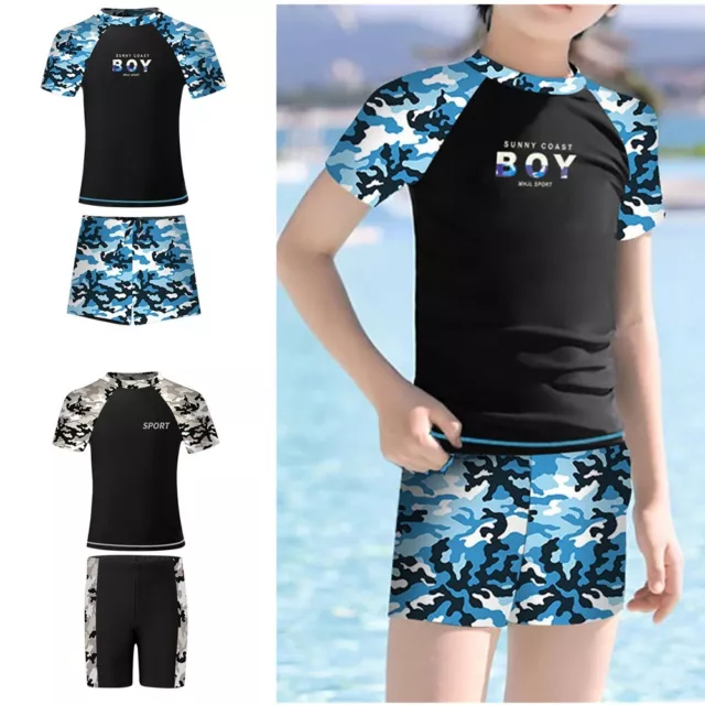 Swimsuit Short Sleeve Kids Boys Mock Neck Rash Guard Set Camouflage Print Beach