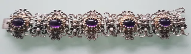 Mds Antikes Armband Mit 5 Amethysten Cabochon Und Perlen, Silber Aus Nachlass