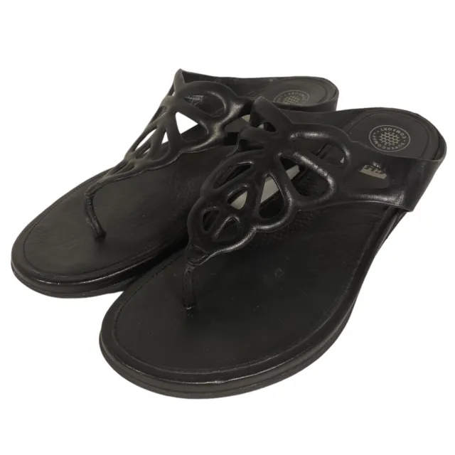 FitFlop Bumble Women’s Black Leather Comfort Thong Flip Flops Sandals Sz 9