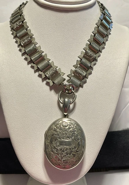 Antique Victorian Silver Plated Book Chain with Oval Locket Pendant Necklace Antique Victorian Silver Plated Book Chain with Oval Locket Pendant Necklace