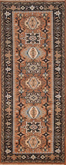 Orange Heriz Serapi Oriental Runner Rug 3x8 ft.Handmade Floral Wool Hallway Rug