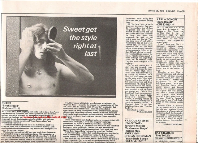 The SWEET Level Headed  'album review' 1978 UK ARTICLE / clipping