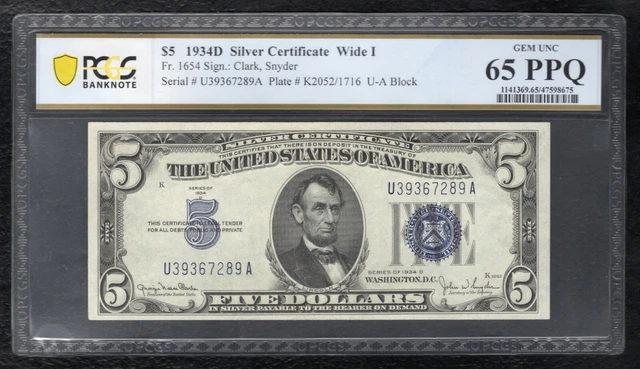 Fr. 1654 1934-D $5 Wide I Silver Certificate Pcgs Banknote Gem Unc-65Ppq (D)