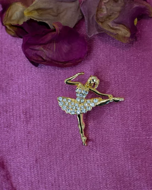 PRETTY GOLD TONE BROOCHES - Ballerina with Faux Diamantes and Cute Bow Design. 2