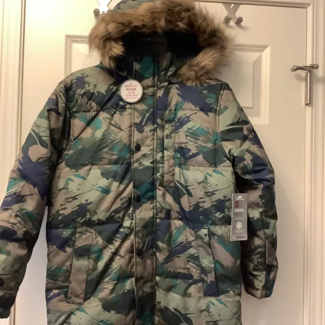 NWT! Boys Swiss Tech Camo Puffer Parka Jacket Detachable Fur Lined Hood Size 8