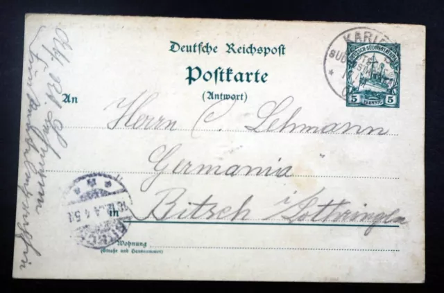 Dt. SW-Afrika Stpl.; "KARIBIB DSWA 17/1/04", K1 Antwortkarte 5 Pfg, MiNr. P15A