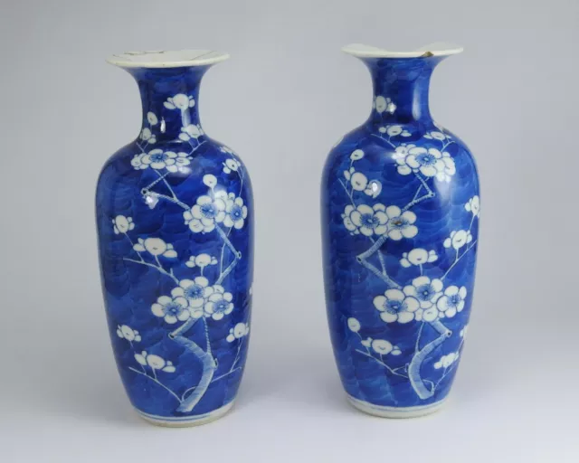 PAIR ANTIQUE CHINESE BLUE AND WHITE PRUNUS BLOSSOM PORCELAIN VASES - SIGNED a/f