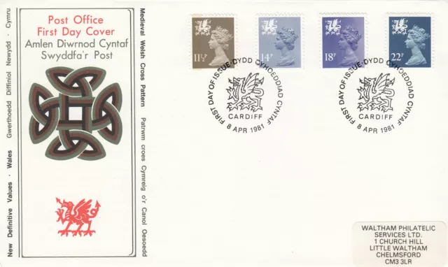 (120796) 22p 18p 14p 11.5p GB Wales Definitive PO FDC Cardiff 1981