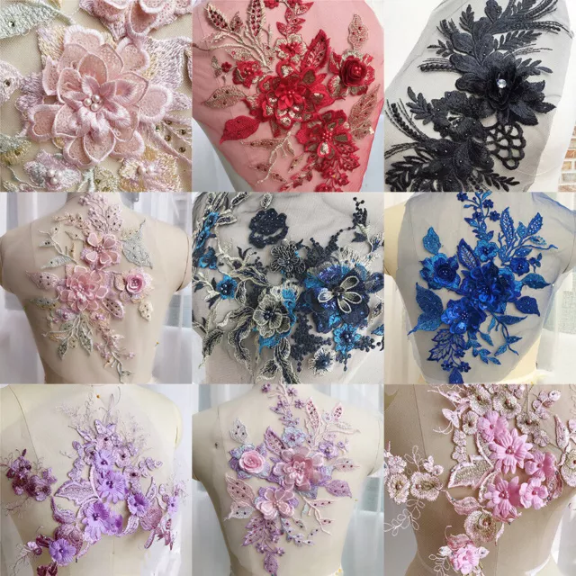 3D Flowers Lace Embroidery Applique Pearl Beaded Tulle Wedding Bridal Dress DIY 2