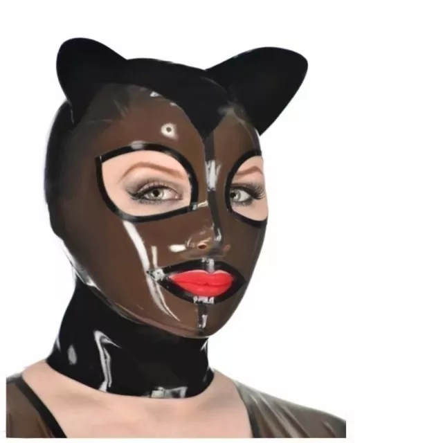 Latex Gummi Hood Catsuit Sexy Mask Open Eyes Cat Ears Cosplay Party Clubwear