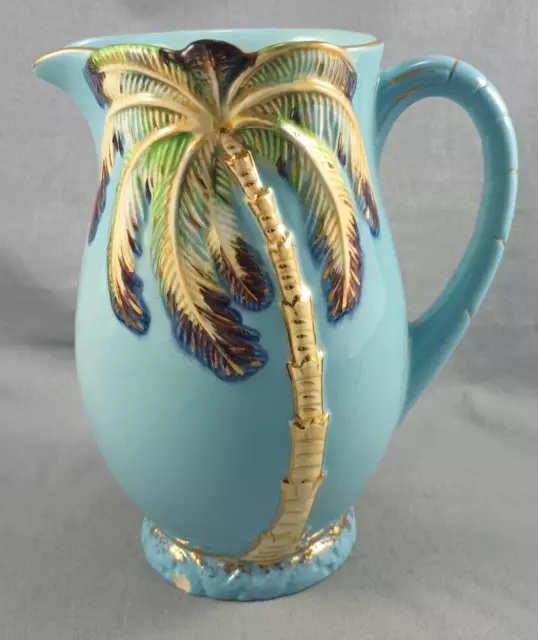 Vtg Blue Beswick Ware Ceramic Pottery Pitcher Vase Vtg Palm Tree Gold Trim 1073