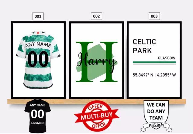 Personalised Glasgow Celtic Football Print Wall Art Poster Custom Set of 3