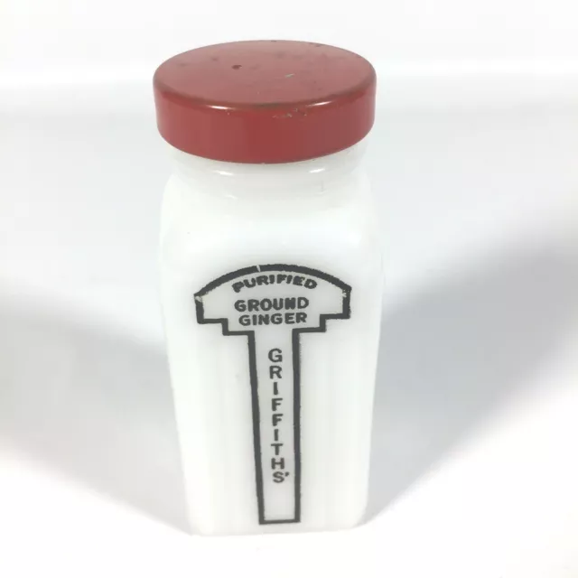 Vintage Griffiths, Purified Ground Ginger, White Milk Glass Jar, Red Lid,