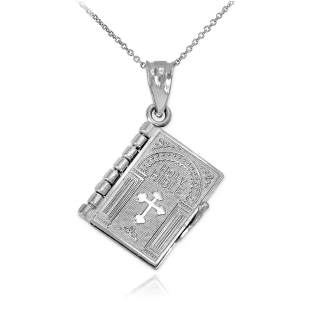 Sterling Silver Holy Blble Book with "Our Father Prayer" Inside Pendant Necklace