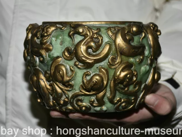 6.8" Old Chinese Green Jade Gilt Carving Dynasty Palace Pixiu Dragon Beast Jar