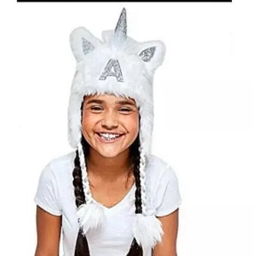 Justice Hat Unicorn Faux Fur Earflap Winter Initial R Beanie Tassels Fuzzy