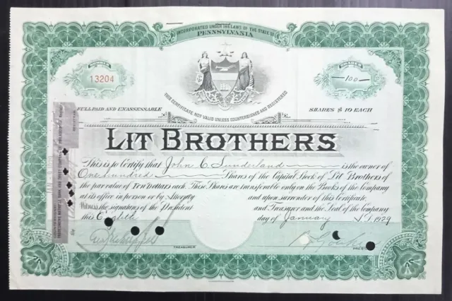 AOP USA 1929 Lit Brothers 100 shares certificate