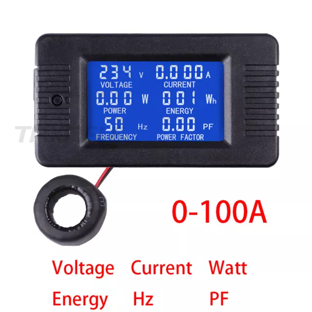 LCD Panel Amp Volt Watt Kwh Power Factor Meter AC80-260V 100A Voltmeter Ammeter