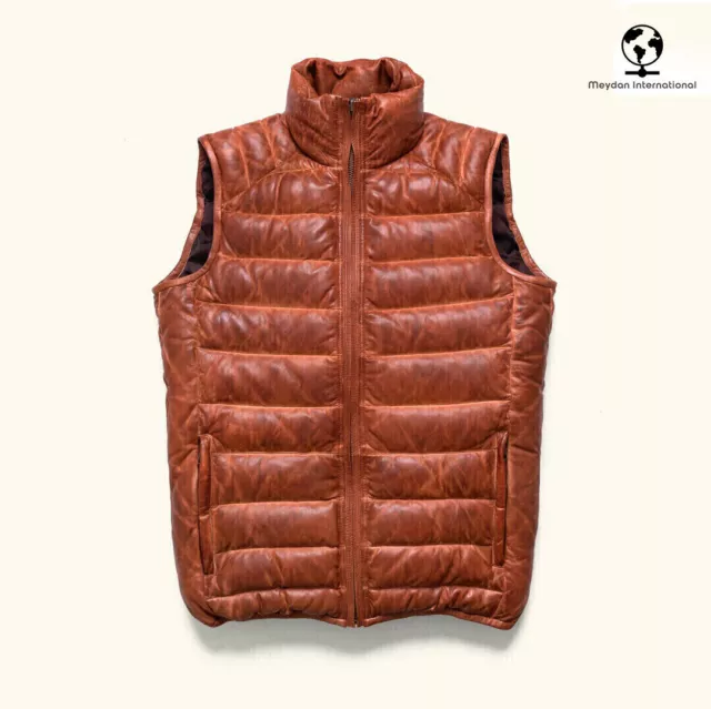 Men's Brown Naked Cowhide Leather Puffer Vest W/ Reddish Two Tone Puffer Vest