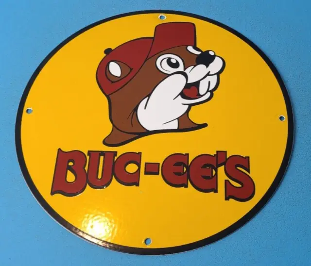 Vintage Buc-Ee's Porcelain Road Trip Beaver Gas Service Station Pump Plate Sign