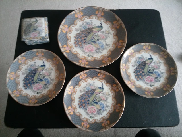 Japanese Porcelain Set Of 5 Display Cabinet Plates Peacock Bird Peony Grey Gilt
