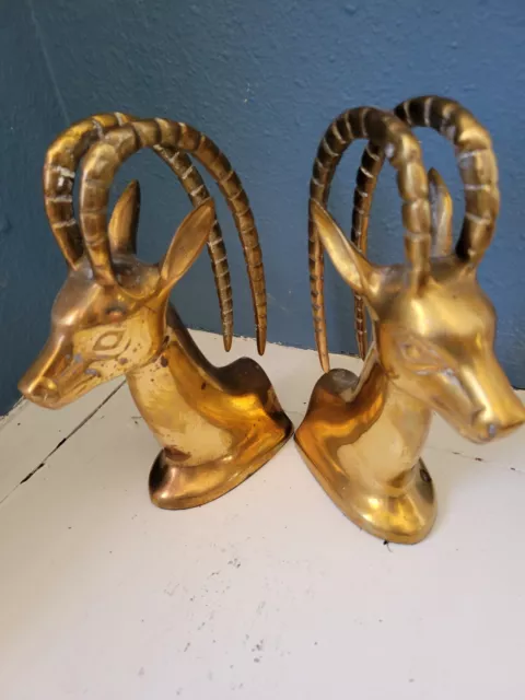 Vintage Solid Brass Ibex Ram Sculptures Bookends