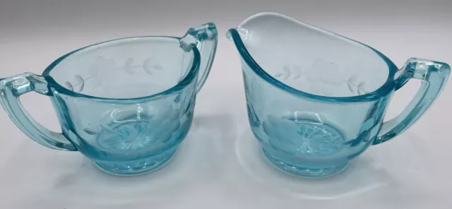 Vtg Blue Etched Vaseline Uranium Depression Glass Creamer Sugar Set - Beautiful