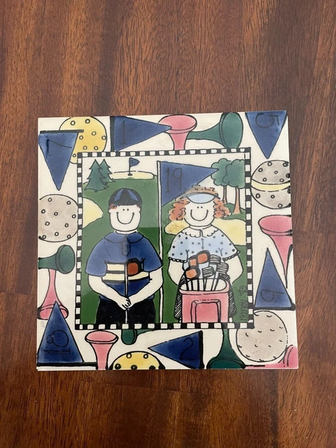 Vtg H&R Johnson Golfers Tile Trivet Handed Paint Singed 1993 MADE IN ENGLAND