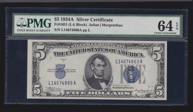 US 1934A $5 Silver Certificate FR 1651 PMG 64 EPQ V Ch CU (860)