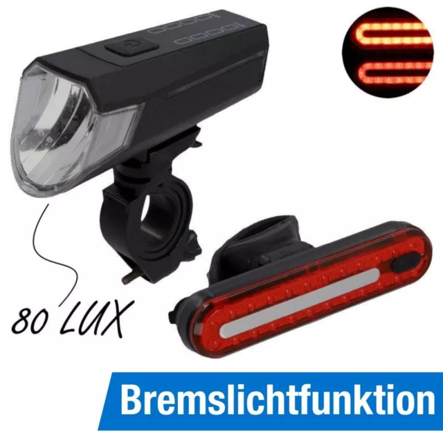 FISCHER Akku Fahrrad Beleuchtung LED Seit USB 80 Lux inkl Bremslicht Stableuchte