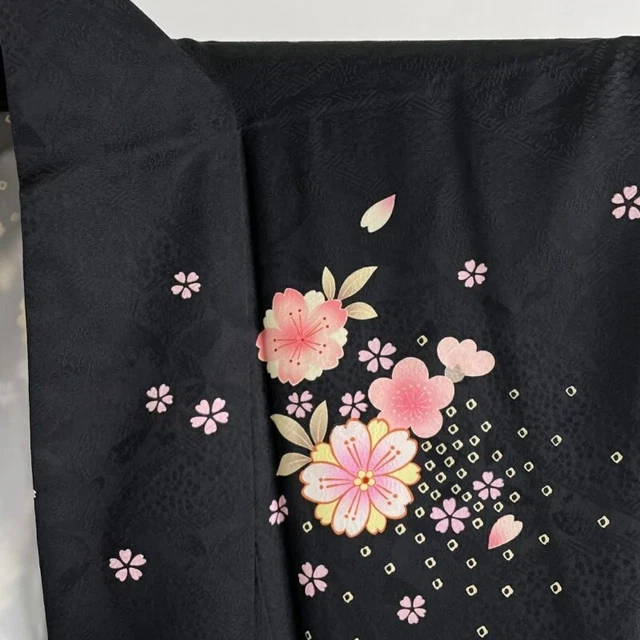 Woman Japanese Kimono Furisode Silk CherryBlossom Stream Gold Embroidery Black 3