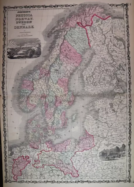 Antique 1862 Johnson Atlas Map ~ NORWAT - SWEDEN ~ (XLG18x26) Free S&H -#1417
