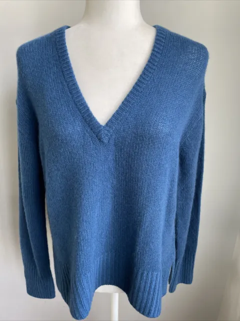 New White + Warren Sweater Blue Pullover Cashmere V Neck Oversized Size Small