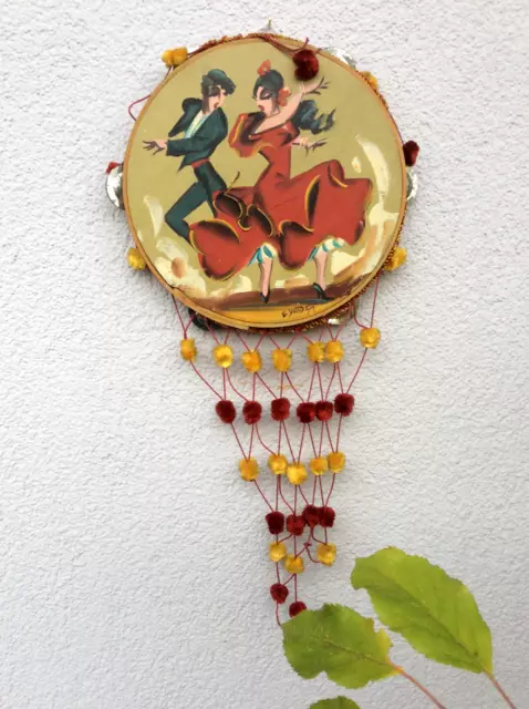 Tamburin aus Andalusien Spanien handgemalt Motiv "Flamencotänzer" um 1954 sign.