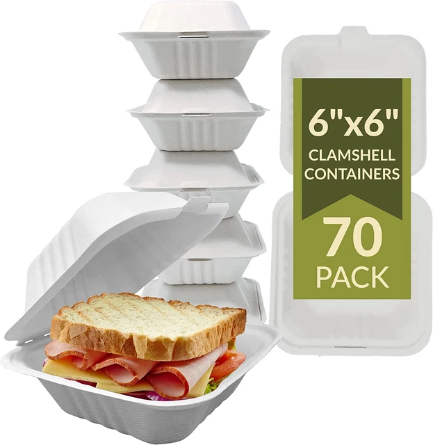 COMPOSTABLE CLAMSHELL TO-GO Containers (70 Pack), 6X6 Inch | 1 ...
