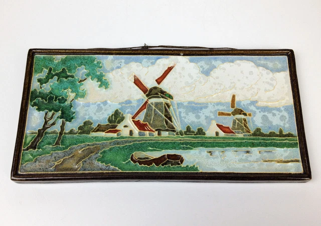 Delft Tile- Fine Vintage 1940s Cloisonne Enamel Windmill Boats Dutch Landscape