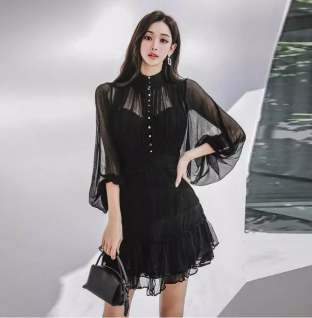 Womens Fashion Mesh See Through Stand Collar Puff Sleeve Layered Short Dress DID