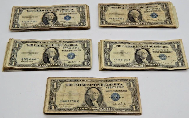 Circulated $1 Blue Seal Silver Certificate Bills 1935-1957 Lot of 100