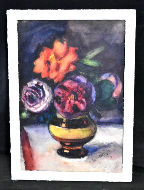TABLEAU AQUARELLE IMPRESSIONNISTE vintage nature morte avec fleurs et