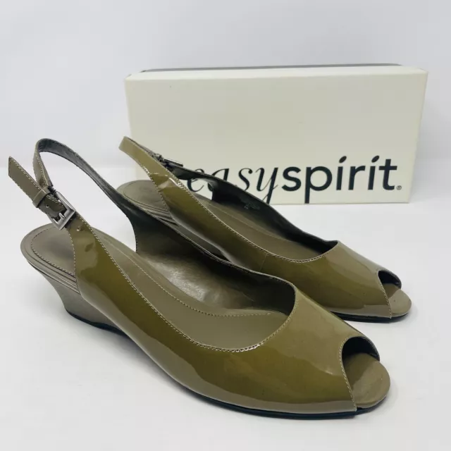 Easy Spirit Womens 8M Eslyla Peep Toe Slingback Wedge Heels Green Patent Leather