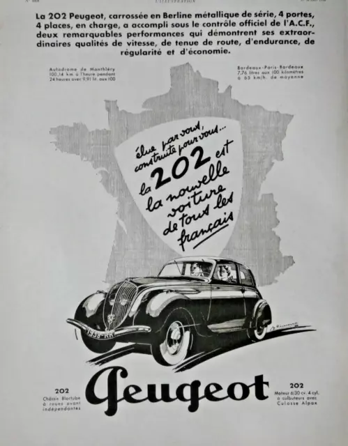 Publicité De Presse 1938 Automobile Peugeot 202 Voiture De Tous Les Francais