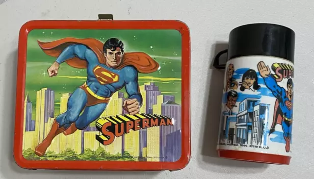 1978 DC Comics SUPERMAN (Christopher Reeves) ALADDIN Metal Lunchbox Thermos