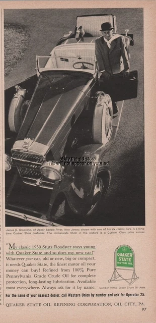 1960 Quaker State Oil 1930 Stutz Roadster Groendyk Upper Saddie River NJ ad