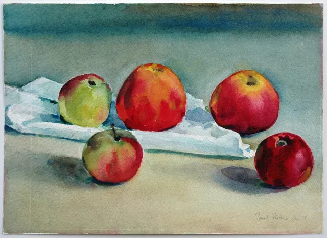 Paul Fischer 1873-1970: Stilleben rote Äpfel Mundtuch Aquarell 1958 Apfel Frucht 3