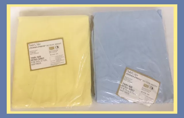 Vtg SEARS Perma Prest Muslin Twin Fitted Sheets - Blue & Yellow - SET OF 2 - NIP