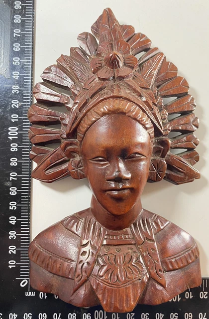 MCM Hand Carved Teak Folk Art x2 Bust Bali Sculpture Polynesia Headdress set Vtg