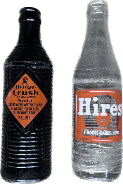 Lot of 2 Vintage glass soda pop bottles ORANGE CRUSH 7oz HIRES ROOT BEER