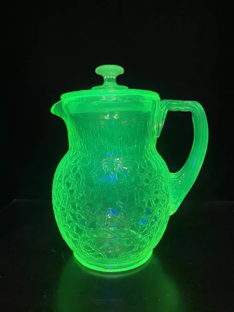 Antique Vintage Uranium Vaseline McKee Glass Innovation Crackled Pitcher & Cups 2