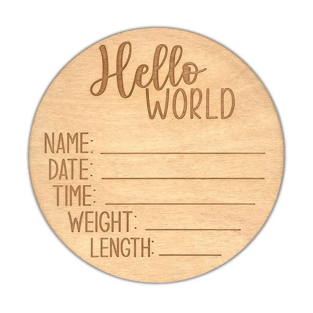 Routybits Hello World - Wood Newborn Baby Birth Announcement Sign - 5.5 Inch Rou